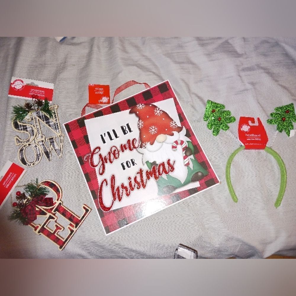 Holiday Decor Christmas Hanging Wall/Door Sign and Ornaments Bundle lot